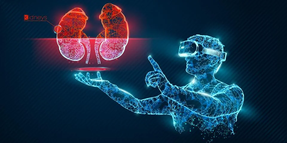 VR wireframe headset vector man with kidney banner Illustrazione stock