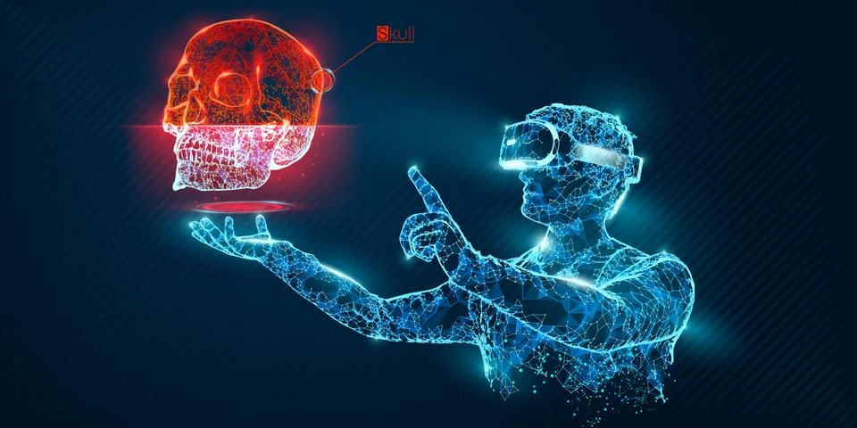 VR wireframe headset vector man with skull banner Stock Illustration