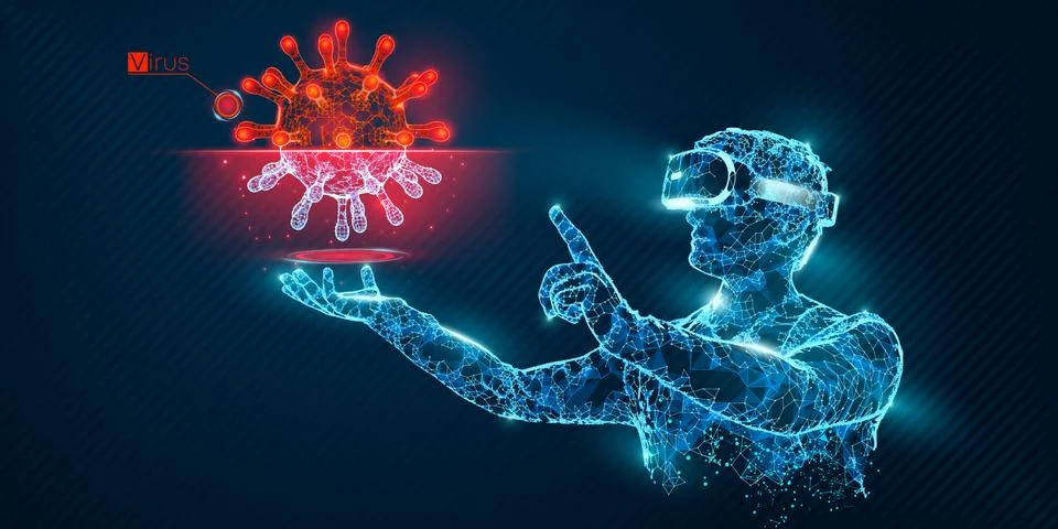 VR wireframe headset vector man with virus banner Stock Illustration