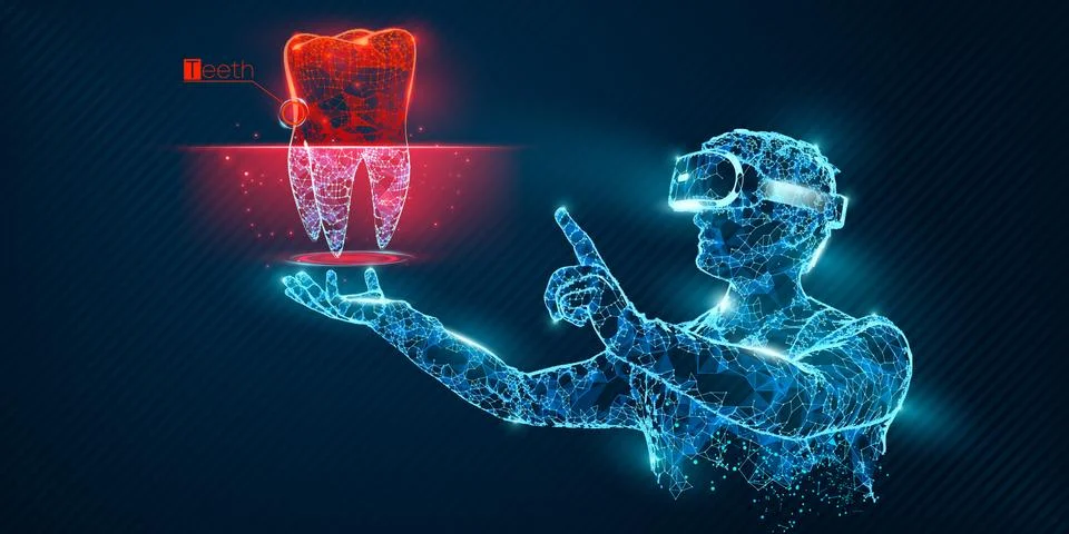 VR wireframe headset vector man with tooth banner Stock Illustration