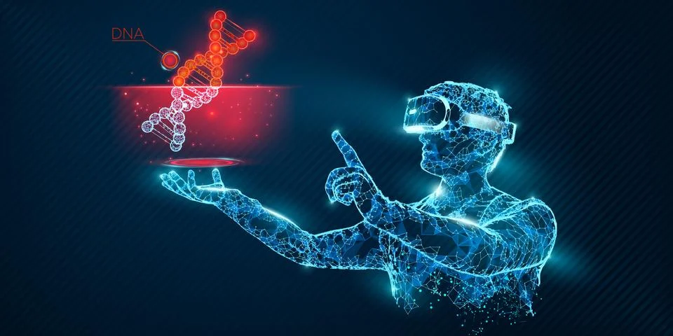 VR wireframe headset vector man with dna code Stock Illustration