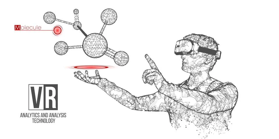 VR wireframe headset vector man with molecules Illustrazione stock