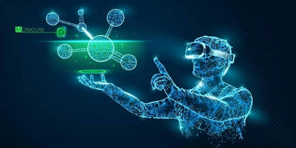 VR wireframe headset vector man with molecules Stock Illustration