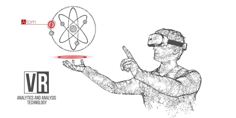 VR wireframe headset vector man with atom banner Stock Illustration