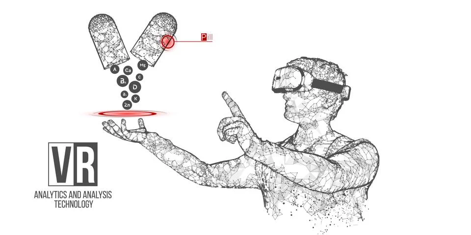 VR wireframe headset vector man with pills banner Stock Illustration