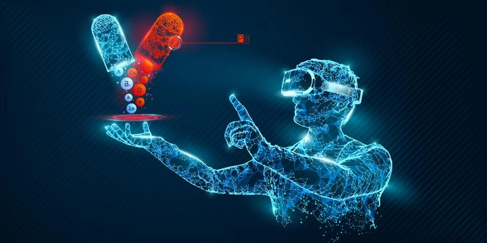 VR wireframe headset vector man with pills banner Stock Illustration
