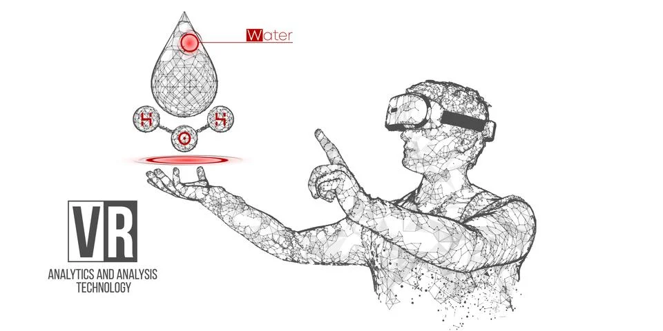 VR wireframe headset vector man with water banner Stock Illustration