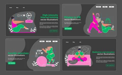 VR Workout suite. Intense interval training, Pilates, aerobic steps, and Stock Illustration
