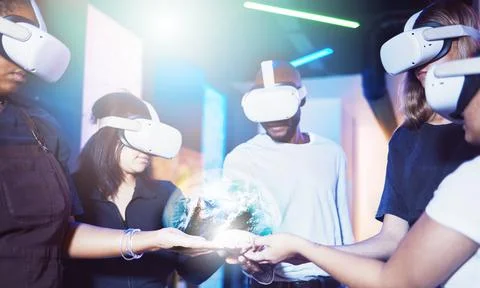 VR world, people and digital hologram of future metaverse, global networking or Stock Photos