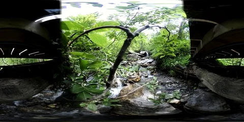 VR360 An Alpine fresh creek and a wodden bridge above it Stock Footage 94260146