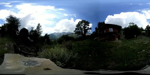 VR360 Alpine house chalet with meadows and peaks around Stock Footage 94259828