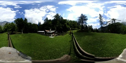 VR360 Alpine house chalet with meadows and peaks around Stock Footage 94259923