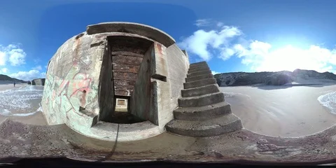 VR360, Concrete bunker from World War II on the beach, Westwall, VR, 360 VR Stock Footage 117539852