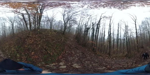 VR360, Couple hikes through misty autumn forest Stock Footage 120640706