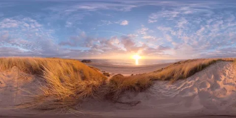 VR360, A dune covered in dune grass by the sea at sunset Video stock 334625983