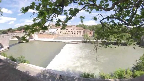 VR360 Effect Hyperlapse Rome Tiber river and bridge on Tiberina Island Stock Footage 107391313