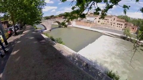 VR360 Effect Hyperlapse Rome Tiber river and bridge on Tiberina Island Stock Footage 107608150