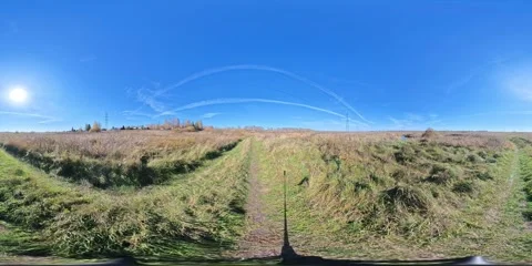 VR360 Green meadow footpath winding toward distant houses, blue sky with white Stock Footage 308231385