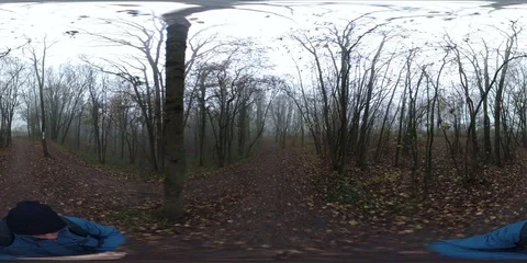 VR360, Man hikes through misty autumn forest Stock Footage 120640671