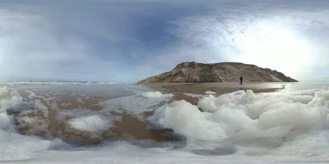 VR360, Man on the sandy beach at storm, steep coast, North Sea, Denmark, VR Stock Footage 117710274