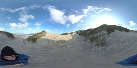 VR360, Man standing on dune, sand drift, storm, North Sea, VR Stock Footage 117716601