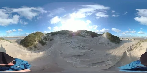 VR360, Man standing on dune, sand drift, storm, North Sea, VR Stock Footage 117716727