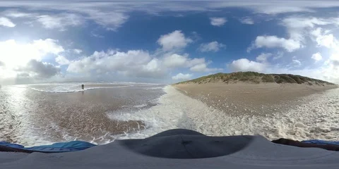 VR360, Man wanders on the beach through algae foam, stormy weather, VR Stock Footage 117713077