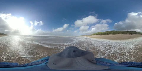 VR360, Man wanders on the beach through algae foam, stormy weather, VR Stock Footage 117713278