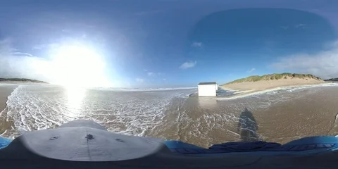VR360, Man wanders on the beach through algae foam, stormy weather, VR Stock Footage 117714589
