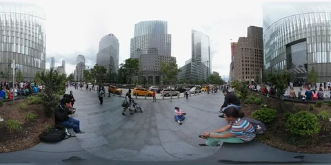 VR360. People at the base of the Freedom Tower (1 WTC) &amp; traffic at the West St. Stock Footage 111755011