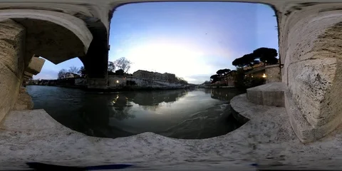 VR360 Rome, Panoramic view from under ancient stone bridge of Tiberina Island Stock Footage 100316120