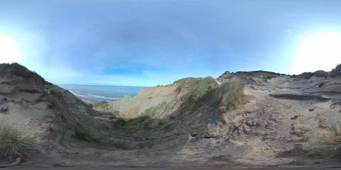 VR360, Wandering sanddune and steep coast on the North Sea, Denmark, VR Stock Footage 117706532