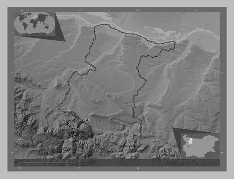 Vratsa, Bulgaria. Grayscale elevation map with lakes and rivers Stock Illustration