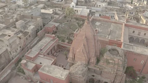 Vrindavan, city of 5000 temples. India, 4k aerial ungraded Video stock 107728172