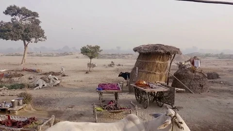 VRINDAVAN, India - October 10, 2017: Village with farming, ancient houses and wa Stock Footage 84541917