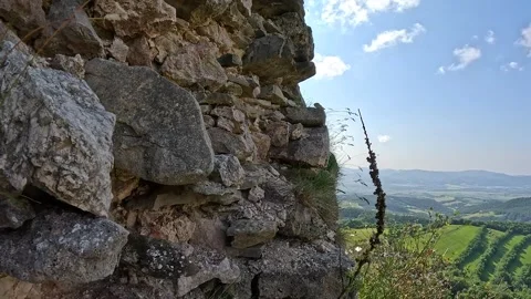 Vrsatec Castle Ruins with Panoramic Mountain View Stock Footage 342028703