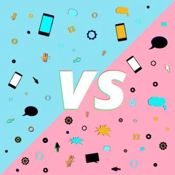 VS screen. Versus sign on divided background with glitch items. Decorative ba Stock Illustration