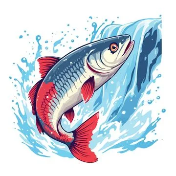 Vsai salmon jumping upstream over waterfall in splashing water Ilustração Stock