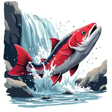 Vsai salmon jumping upstream waterfall in river or stream Stock Illustration