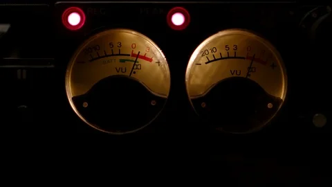 VU meter reach highest recording level. Peaking. Audio recording. Analog tape. Stock Footage 113860644