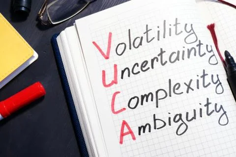 VUCA volatility, uncertainty, complexity, ambiguity written in a note. 스톡 사진