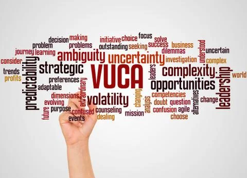 VUCA word cloud and hand with marker concept Illustrazione stock
