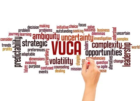 VUCA word cloud and hand writing concept Illustrazione stock