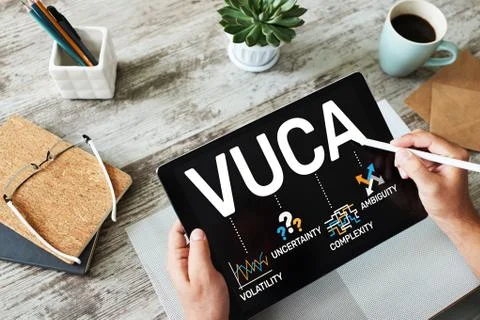 VUCA world concept on screen. Volatility, uncertainty, complexity, ambiguity. Stock Photos