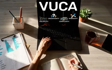 VUCA world concept on screen. Volatility, uncertainty, complexity, ambiguity. Fotos Stock