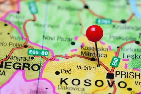 Vucitrn pinned on a map of Kosovo Stock Photos