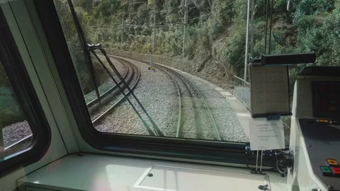 Vuew of rail ways from window of first train carriage. Stock Footage 115544775