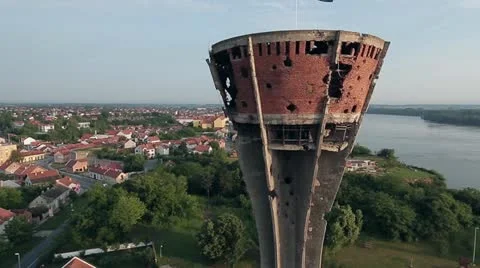 Vukovar water tower aerial 01 Stock Footage