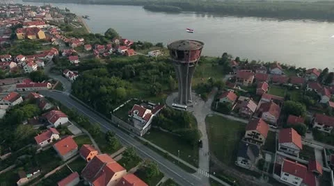 Vukovar water tower aerial 02 Stock Footage