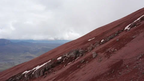 A vulcanic mountain slope covered in red sand and a few large rocks Stock Footage 142755944